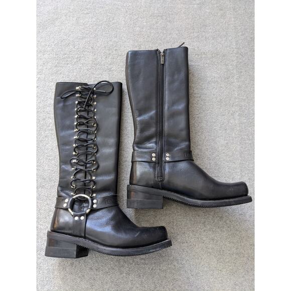 Harley Davidson Lace Zip Leather Motorcycle Riding Boots Womens Sz 7.5 Black Y2K - Picture 1 of 9